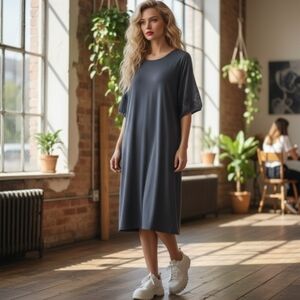 LOFT Slate Blue T-Shirt Dress with Puff Lace Eyelet Sleeves Size L